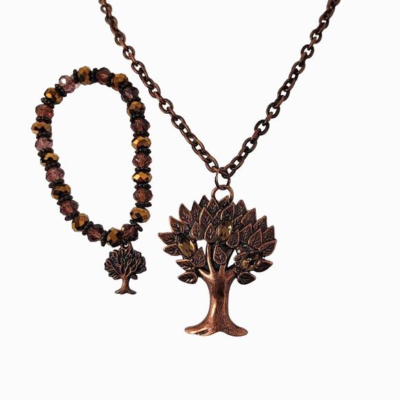 Unbranded Jewelry - Tree of Life Necklace Bracelet Set Dark Coppertone Matinee Faceted Glass Beads